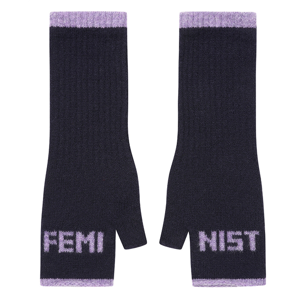 Feminist Fingerless Mittens in Navy & Parma Violet