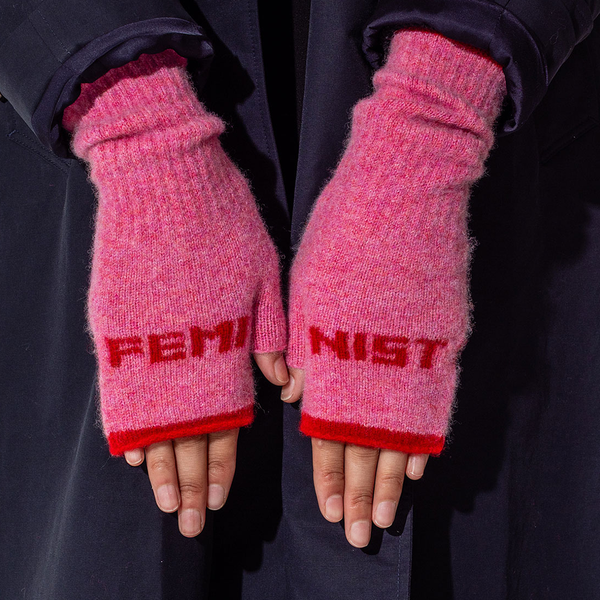 Feminist Fingerless Mittens in French Rose & Rouge