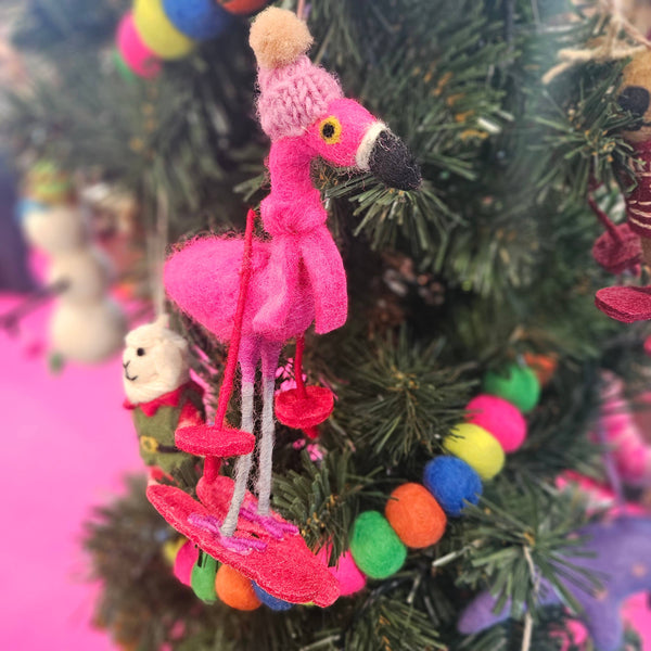 Handmade Felt Skiing Flamingo Hanging Christmas Decoration