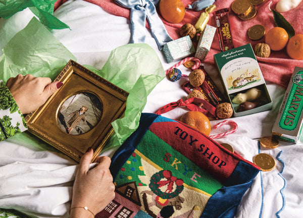 Person holding a book with a toy shop-themed pillow and various items on a colorful surface