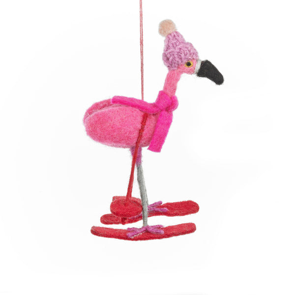 Handmade Felt Skiing Flamingo Hanging Christmas Decoration