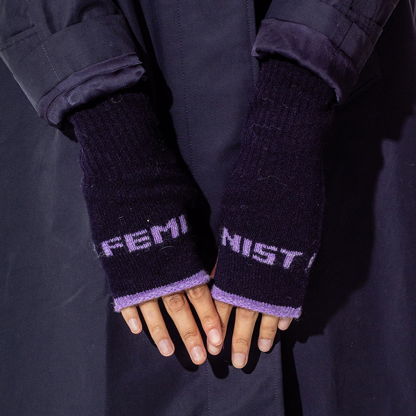 Feminist Fingerless Mittens in Navy & Parma Violet